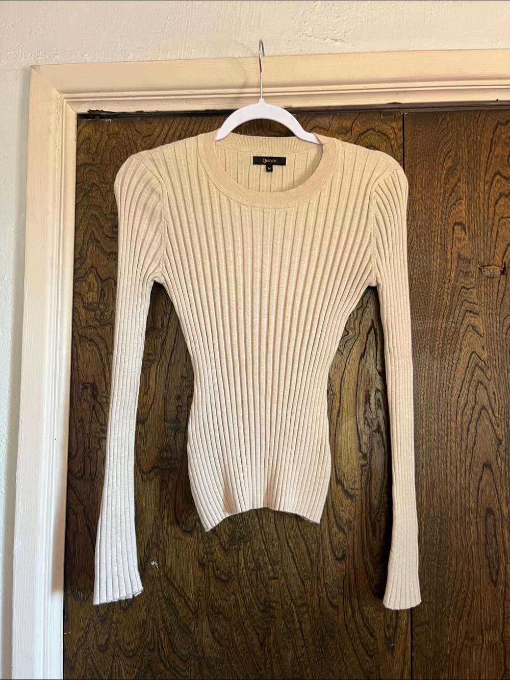 Quince Cream Ribbed Slim Long-Sleeve Crew Sweater size M - Picture 2 of 8